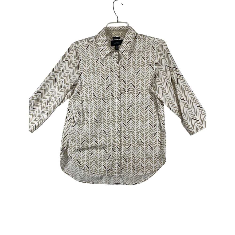 Investments Petites Wrinkle-Free Button-Up 3/4 Sleeve Top Chevron Print 10P Wome